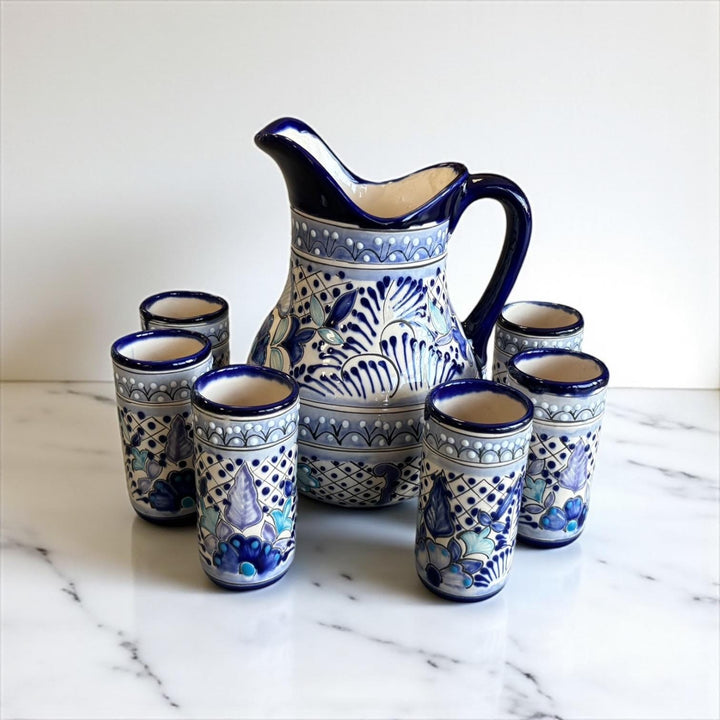 Beautiful Hand Painted Ivory & Dark Blue Floral Talavera Pitcher and 6 Cups Set