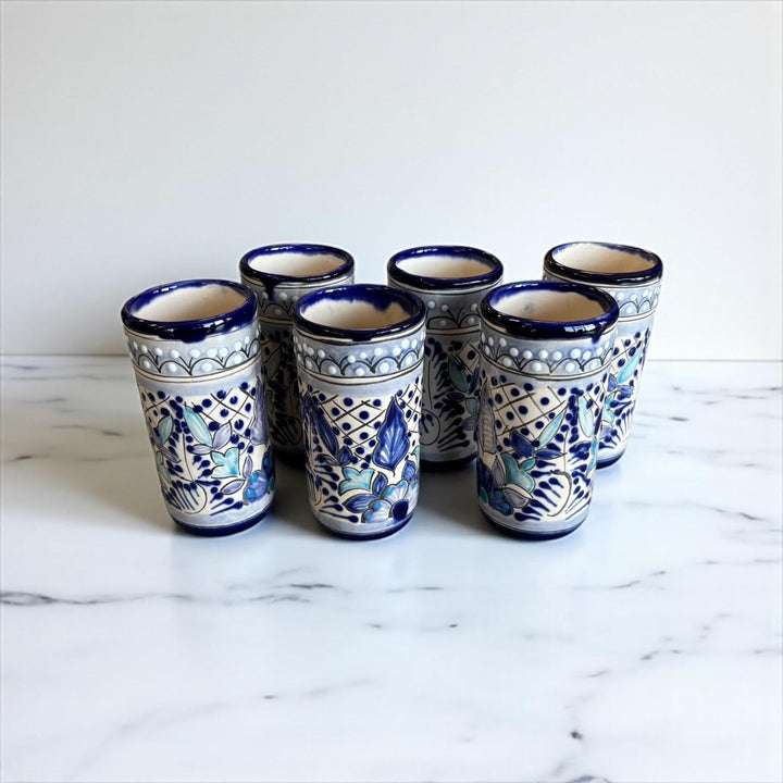 Beautiful Hand Painted Ivory & Dark Blue Floral Talavera Pitcher and 6 Cups Set