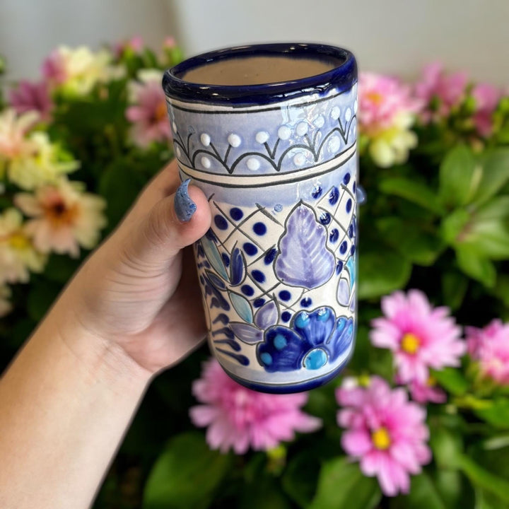Beautiful Hand Painted Ivory & Dark Blue Floral Talavera Pitcher and 6 Cups Set