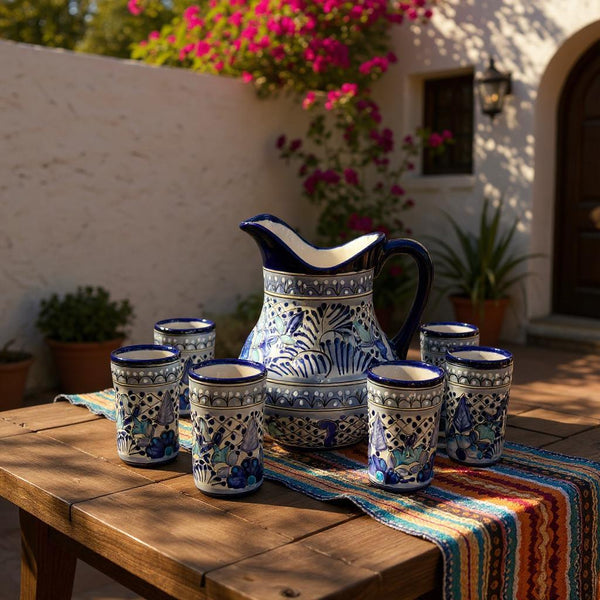 Beautiful Hand Painted Ivory & Dark Blue Floral Talavera Pitcher and 6 Cups Set