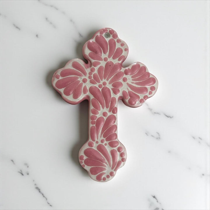 Hand Painted Traditional White and Pink Talavera Cross Wall Decor