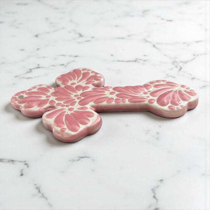 Hand Painted Traditional White and Pink Talavera Cross Wall Decor