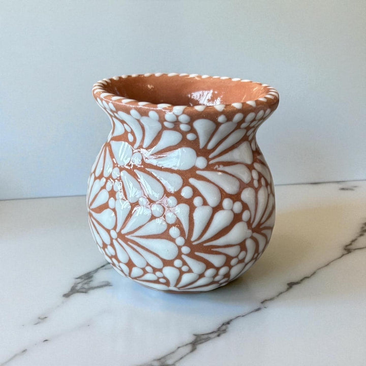 Hand Painted Mexican Talavera Brown and White Cantarito with Handle Coffee Mug (Cielito Lindo Inspired) – Set of 2