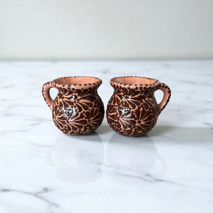 Hand Painted Mexican Talavera Brown and Chocolate Cantarito with Handle Coffee Mug (Cielito Lindo Inspired) – Set of 2
