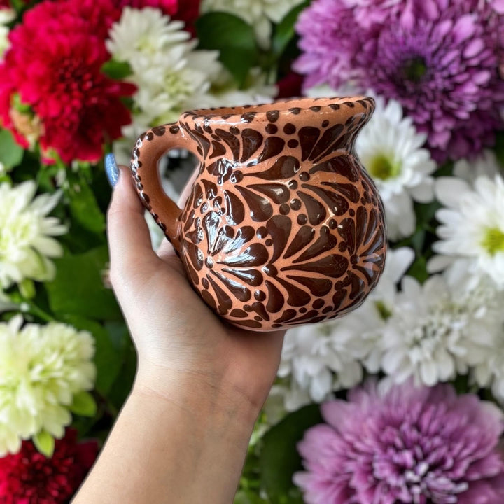 Hand Painted Mexican Talavera Brown and Chocolate Cantarito with Handle Coffee Mug (Cielito Lindo Inspired) – Set of 2