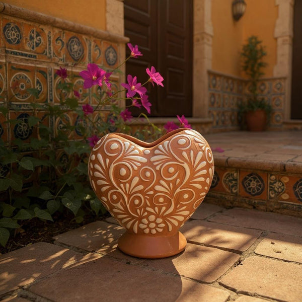 Hand Painted Talavera Brown and White Heart Vase
