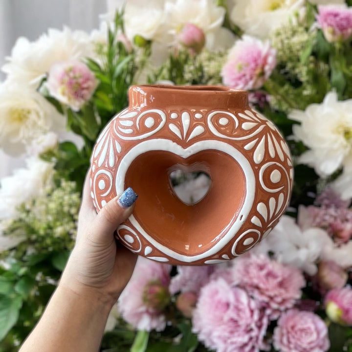Hand Painted Mexican Talavera Brown and White Heart Donut Vase