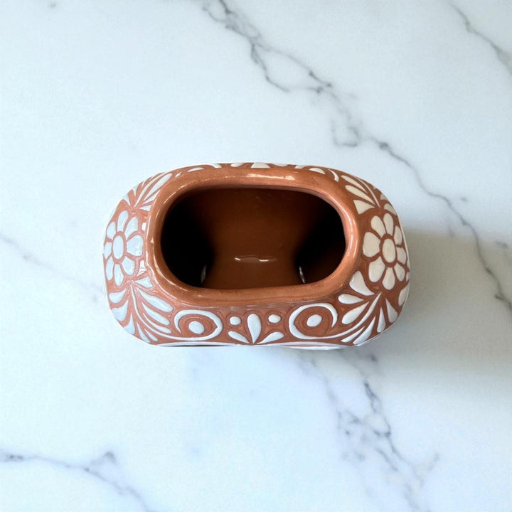 Hand Painted Mexican Talavera Brown and White Heart Donut Vase