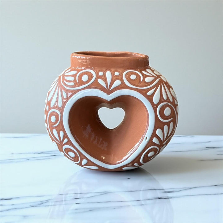 Hand Painted Mexican Talavera Brown and White Heart Donut Vase