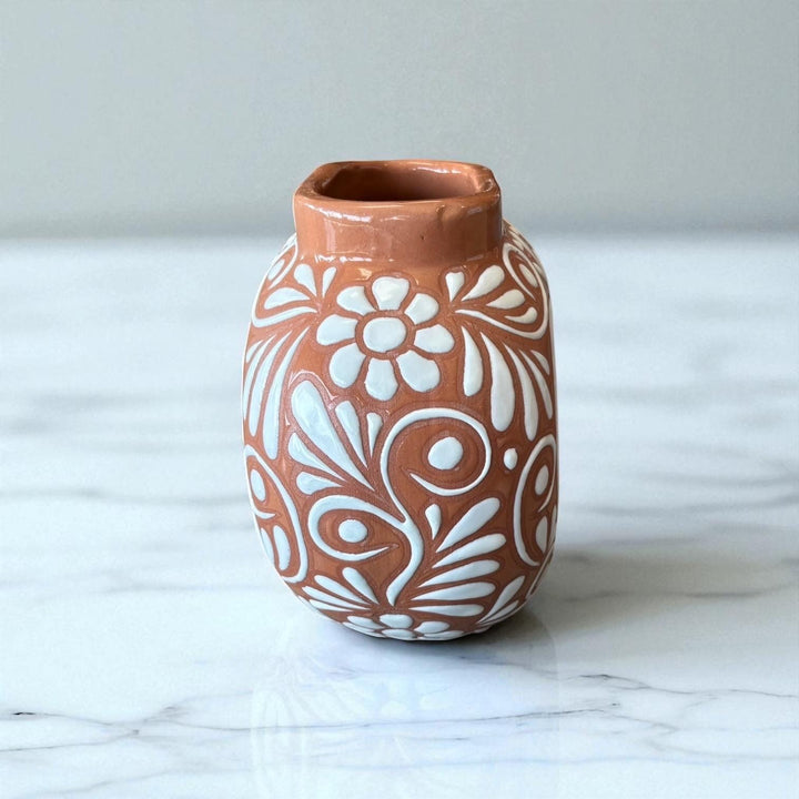 Hand Painted Mexican Talavera Brown and White Heart Donut Vase
