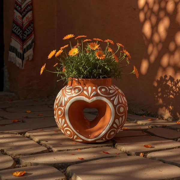 Hand Painted Mexican Talavera Brown and White Heart Donut Vase