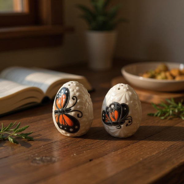 Hand Painted Mexican Talavera Monarch Butterfly Ivory and White Salt & Pepper Shaker Set