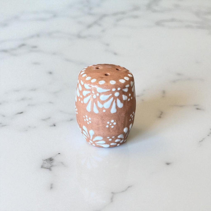 Hand Painted Mexican Talavera Brown and White Barrel Salt & Pepper Shaker Set
