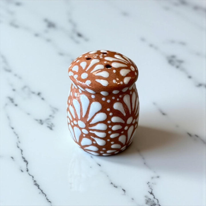 Hand Painted Mexican Talavera Brown and White Salt & Pepper Shaker Set (Full Pattern)