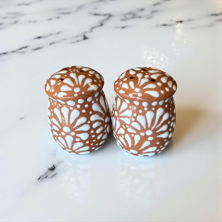 Hand Painted Mexican Talavera Brown and White Salt & Pepper Shaker Set (Full Pattern)