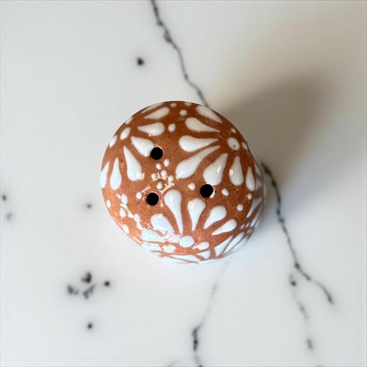 Hand Painted Mexican Talavera Brown and White Salt & Pepper Shaker Set (Full Pattern)