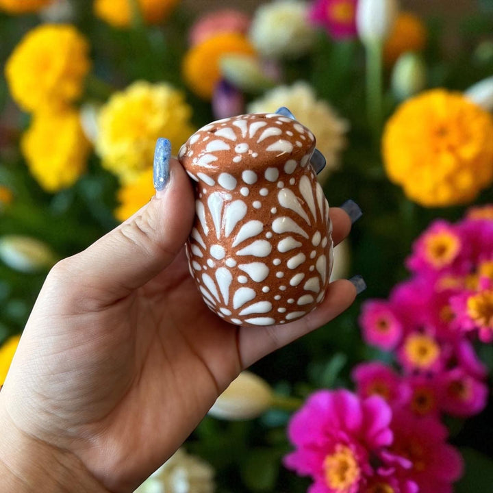 Hand Painted Mexican Talavera Brown and White Salt & Pepper Shaker Set (Full Pattern)