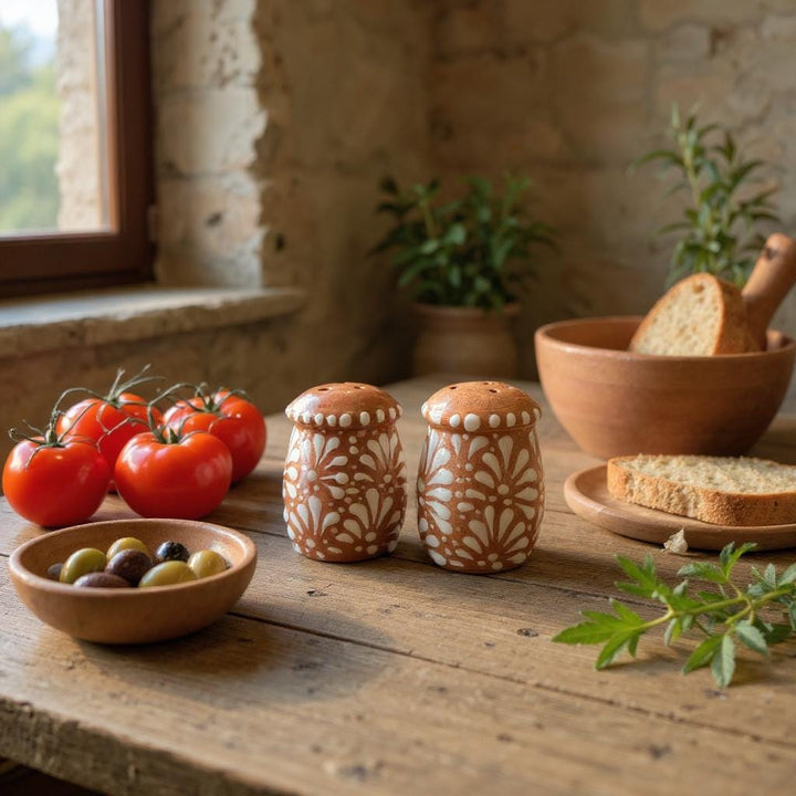 Hand Painted Mexican Talavera Brown and White Salt & Pepper Shaker Set (Border Only)