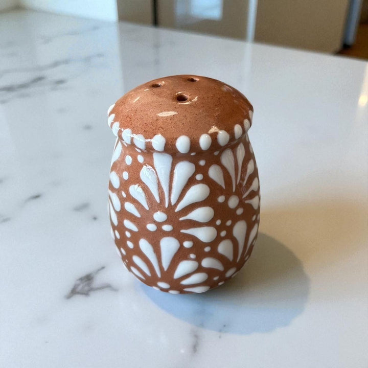 Hand Painted Mexican Talavera Brown and White Salt & Pepper Shaker Set (Border Only)