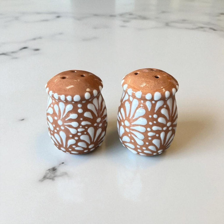 Hand Painted Mexican Talavera Brown and White Salt & Pepper Shaker Set (Border Only)