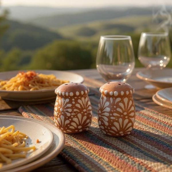 Hand Painted Mexican Talavera Brown and White Salt & Pepper Shaker Set (Border Only)