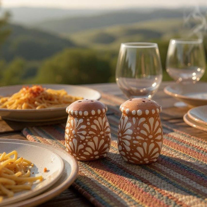 Hand Painted Mexican Talavera Brown and White Salt & Pepper Shaker Set (Border Only)