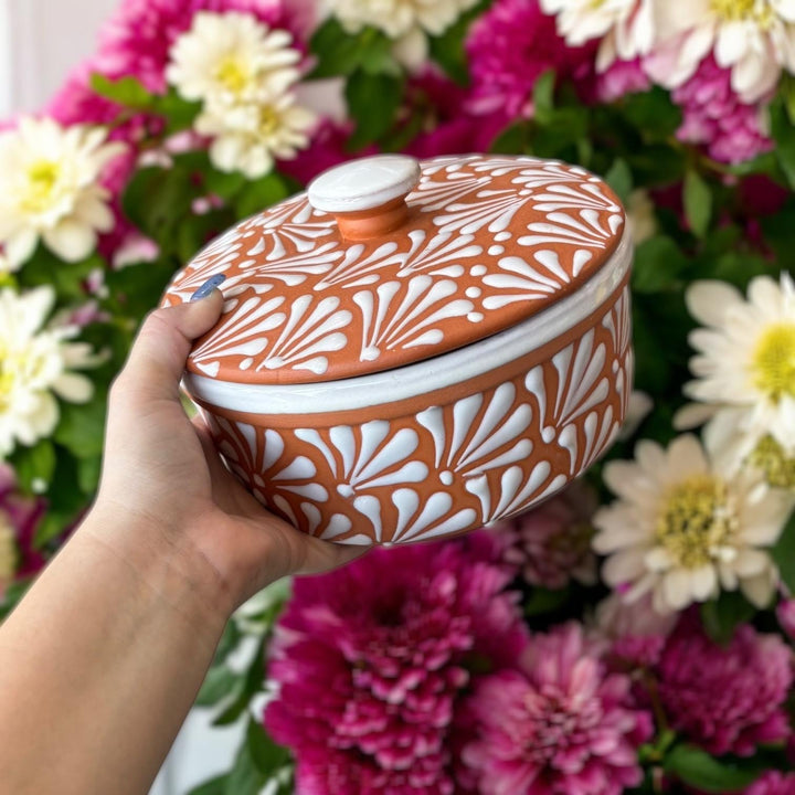 Hand Painted Clay Brown and White Rustic Tortilla Warmer “Tortillero” (Cielito Lindo Inspired)