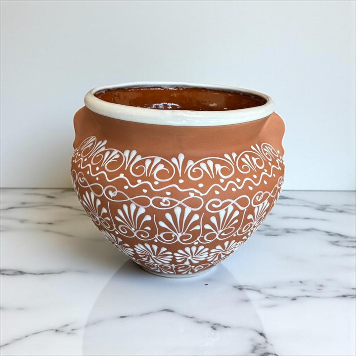 Beautiful Hand Painted Brown Clay & White Rustic Pot with Handles (Varying Design)