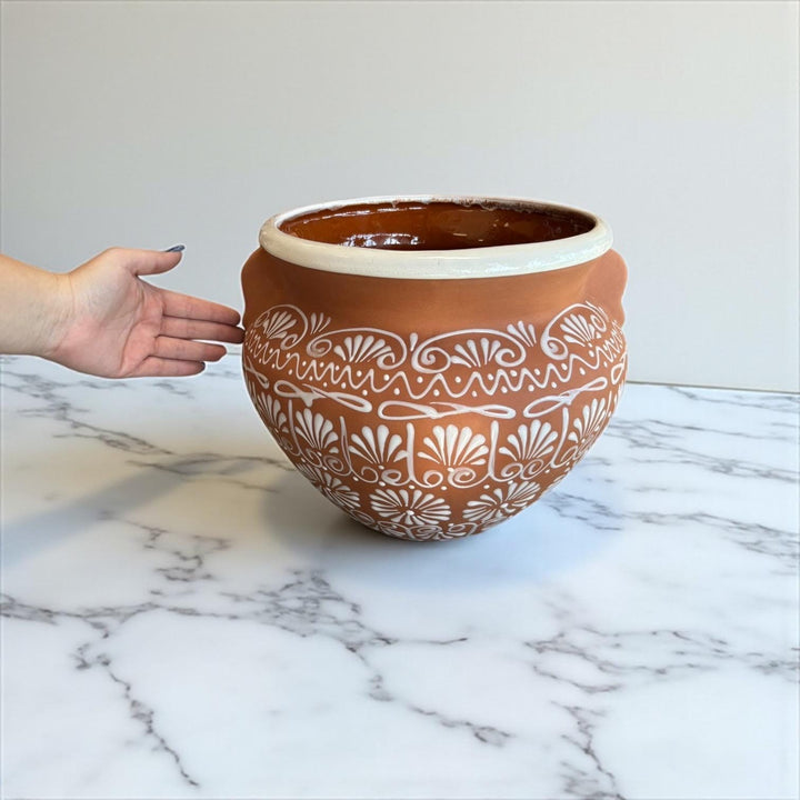 Beautiful Hand Painted Brown Clay & White Rustic Pot with Handles (Varying Design)