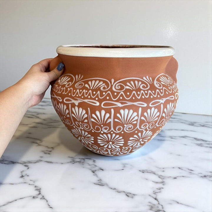 Beautiful Hand Painted Brown Clay & White Rustic Pot with Handles (Varying Design)
