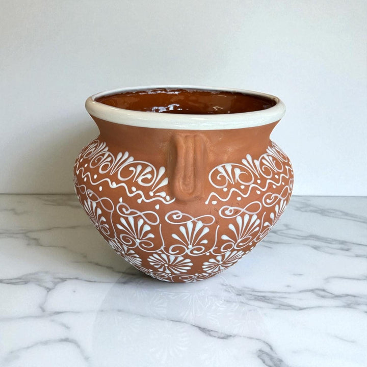 Beautiful Hand Painted Brown Clay & White Rustic Pot with Handles (Varying Design)