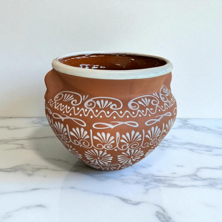 Beautiful Hand Painted Brown Clay & White Rustic Pot with Handles (Varying Design)