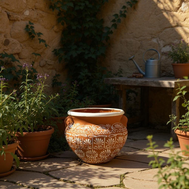 Beautiful Hand Painted Brown Clay & White Rustic Pot with Handles (Varying Design)