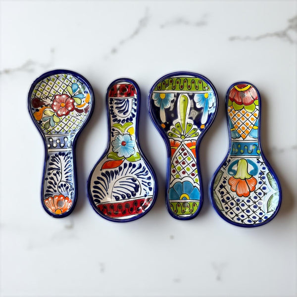 Hand Painted Mexican Talavera Multicolor Floral Spoon Rest – Assorted Designs