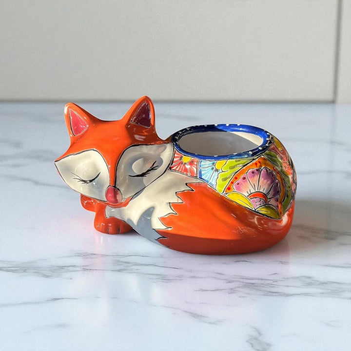 Cute Hand Painted Mexican Talavera Orange Fox Animal Planter Pot (Varying Design)