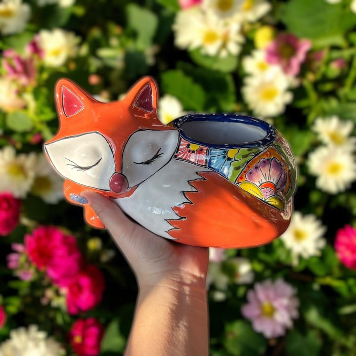 Cute Hand Painted Mexican Talavera Orange Fox Animal Planter Pot (Varying Design)