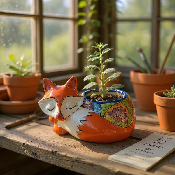 Cute Hand Painted Mexican Talavera Orange Fox Animal Planter Pot (Varying Design)