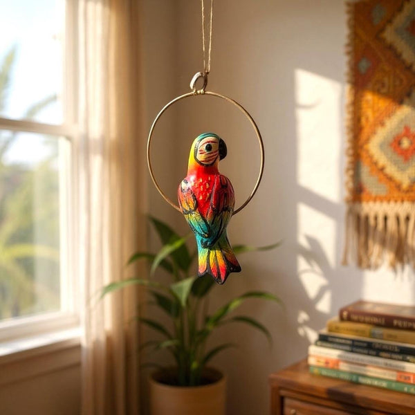 Hand Painted Mini Vibrant Mexican Tropical Bird w/ Metal Frame Hanging Decor – Assorted Designs
