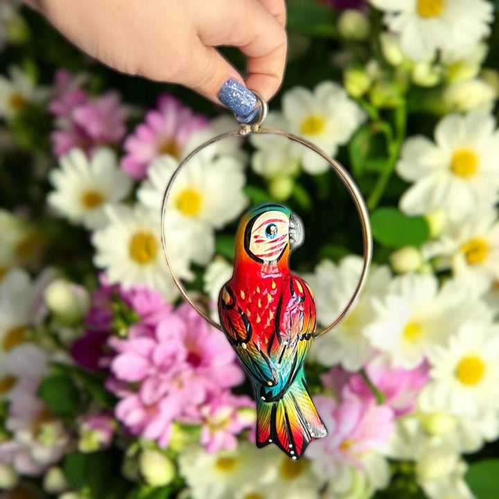 Hand Painted Mini Vibrant Mexican Tropical Bird w/ Metal Frame Hanging Decor – Assorted Designs