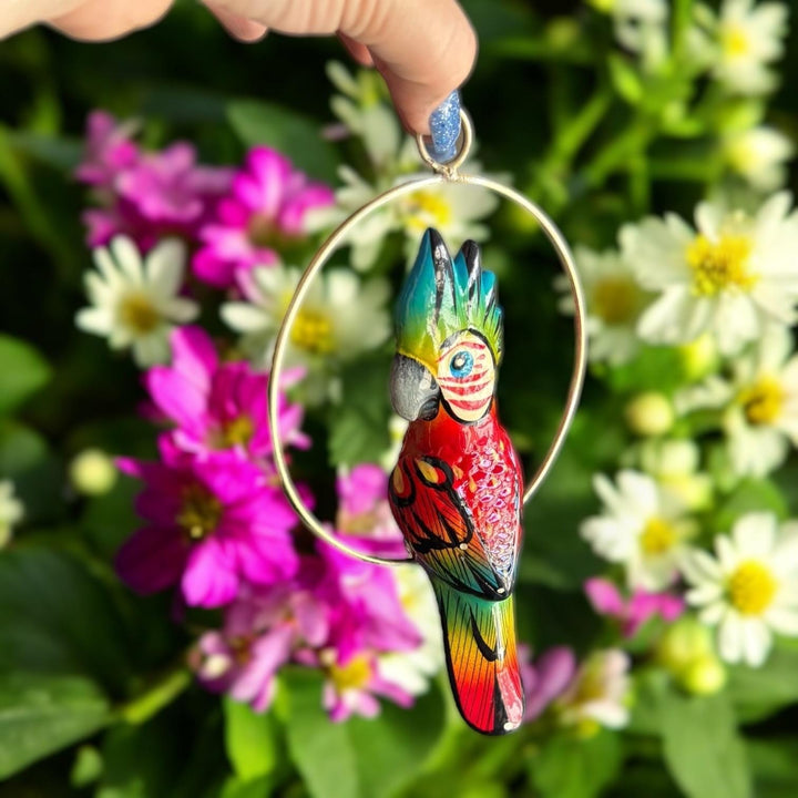 Hand Painted Mini Vibrant Mexican Tropical Bird w/ Metal Frame Hanging Decor – Assorted Designs