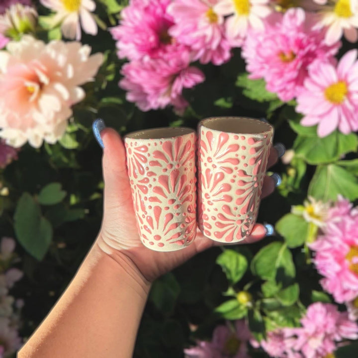 Hand Painted Talavera Ivory and Pink Cielito Lindo Shot Glass “Tequilero” – Assorted Quantities