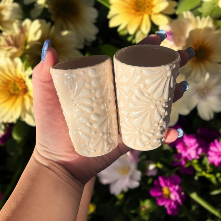Hand Painted Talavera Ivory and White Cielito Lindo Shot Glass “Tequilero” – Assorted Quantities