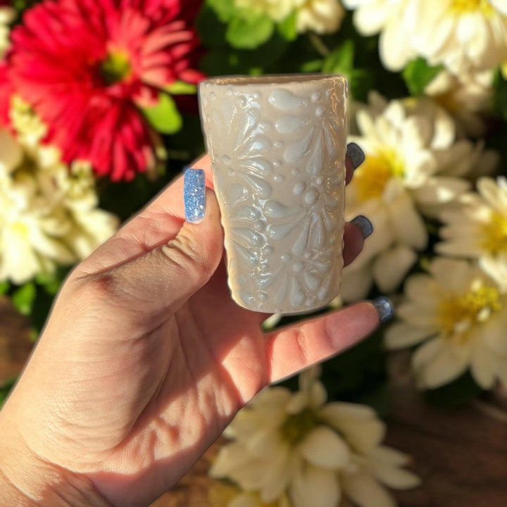 Hand Painted Talavera Ivory and White Cielito Lindo Shot Glass “Tequilero” – Assorted Quantities