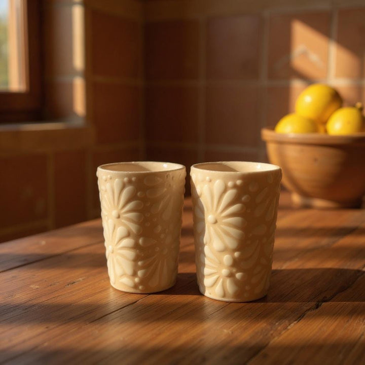 Hand Painted Talavera Ivory and White Cielito Lindo Shot Glass “Tequilero” – Assorted Quantities