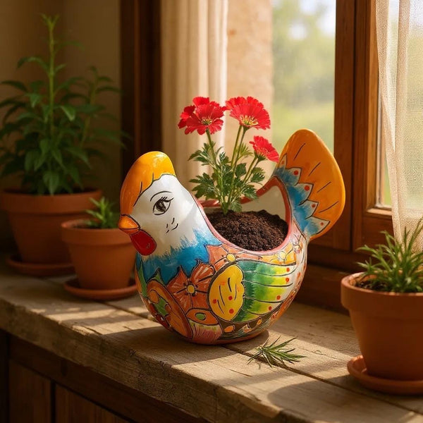 Beautiful Hand Painted Mexican Talavera Blue & Orange Tail Chicken Hen Planter Pot