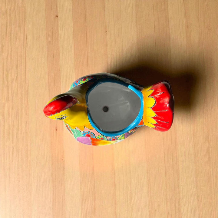 Beautiful Hand Painted Mexican Talavera Orange & Red Tail Chicken Hen Planter Pot