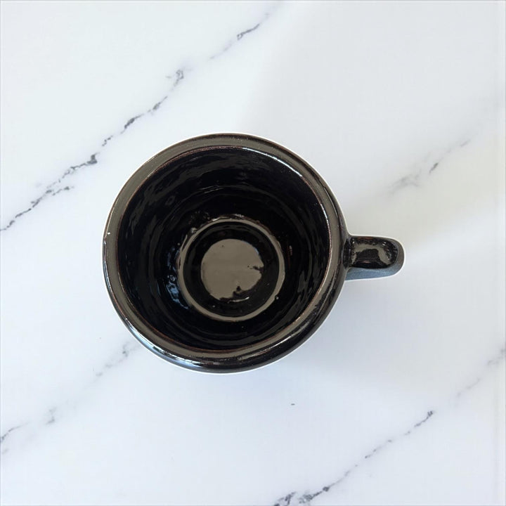 Hand Painted Mexican Black Clay and Black Mug with Saucer (Cielito Lindo Inspired)
