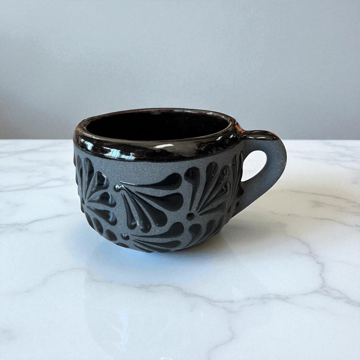 Hand Painted Mexican Black Clay and Black Mug with Saucer (Cielito Lindo Inspired)