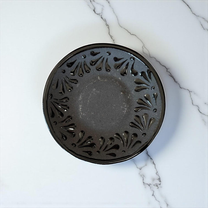 Hand Painted Mexican Black Clay and Black Mug with Saucer (Cielito Lindo Inspired)
