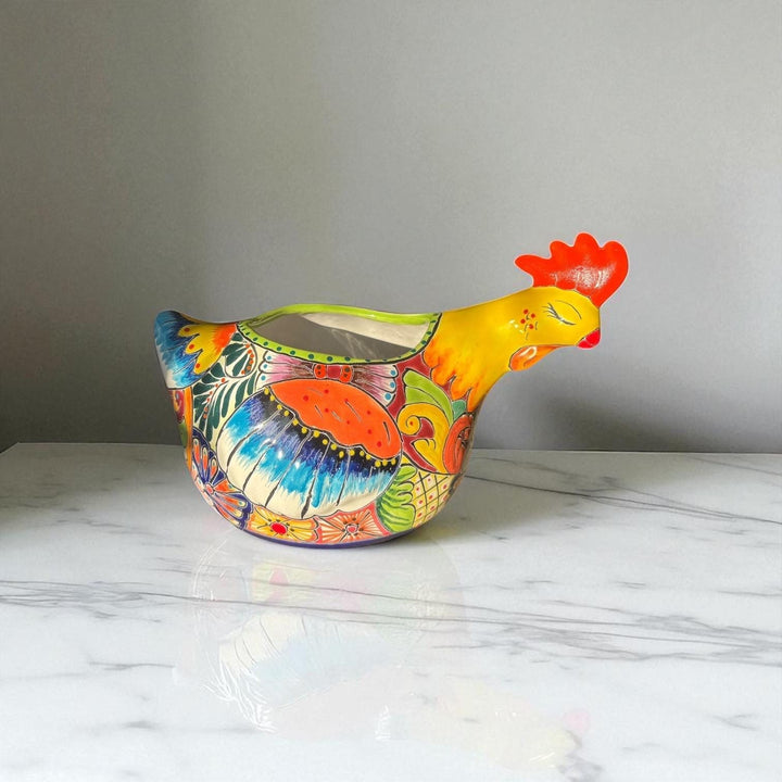 Beautiful Hand Painted Mexican Talavera Sleeping Yellow Chicken Hen Planter Pot